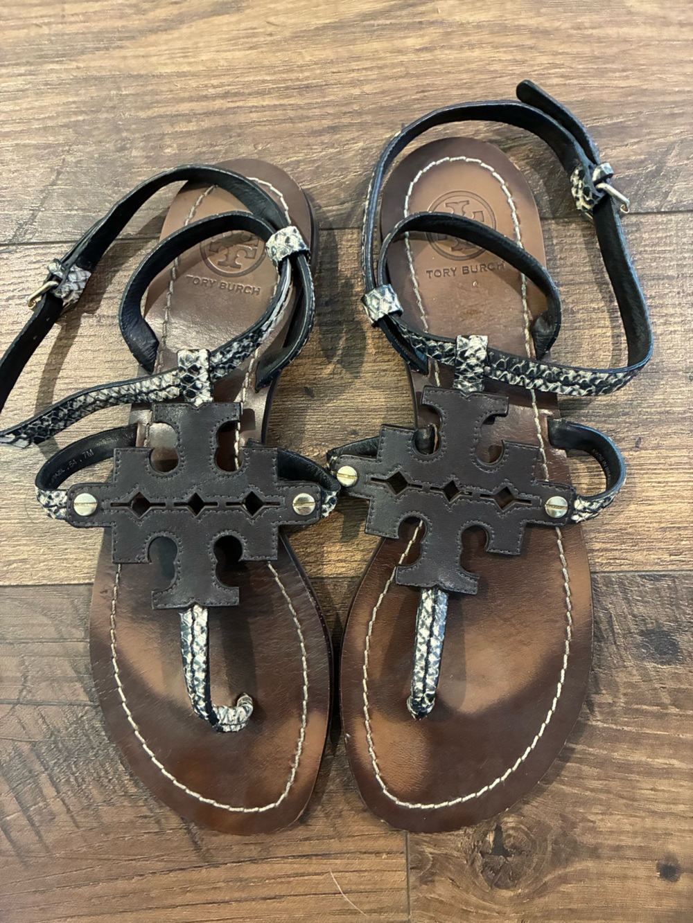 Tory Burch Chandler Phoebe Brown Leather Sandals with Snake-Print Straps
